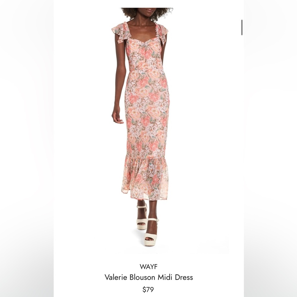 Wayf Peach Floral Ruffle-Hem Maxi Dress